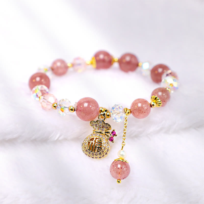 Natural Strawberry Quartz Crystal Money Bag Charm Positive Bracelet