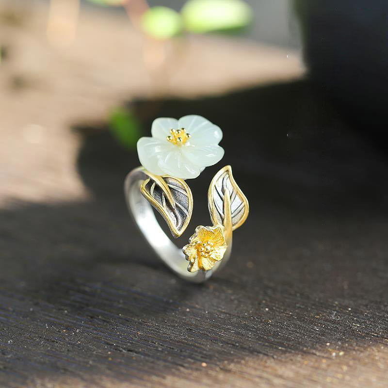 925 Silver Plated Copper White Jade Plum Flower Leaf Luck Ring