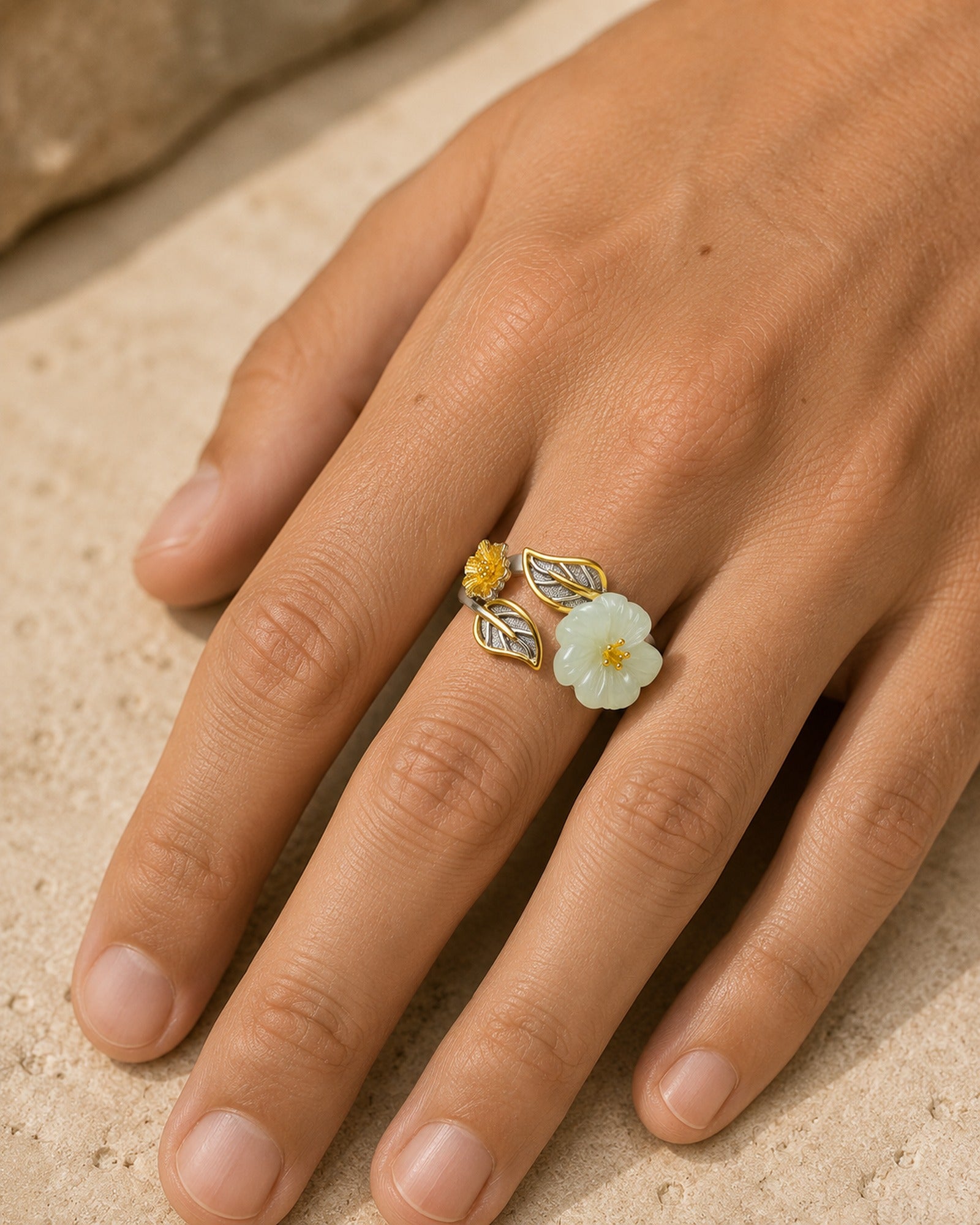 White Jade Plum Blossom Ring worn