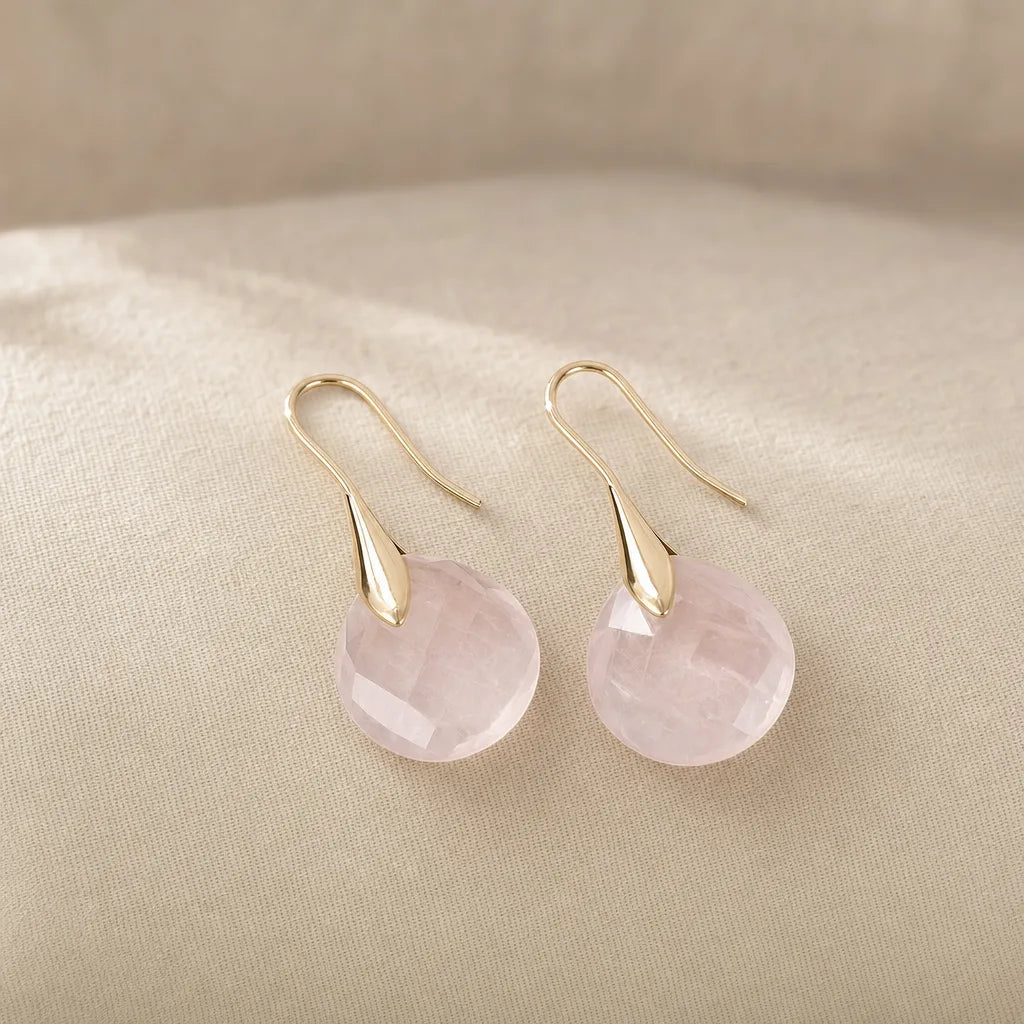 Compassion Rose Quartz Drop Earrings - Silver Plated, ZAIA jewelry, pack view. PACK — Studio product. Warm natural light, low-contrast editorial photography.