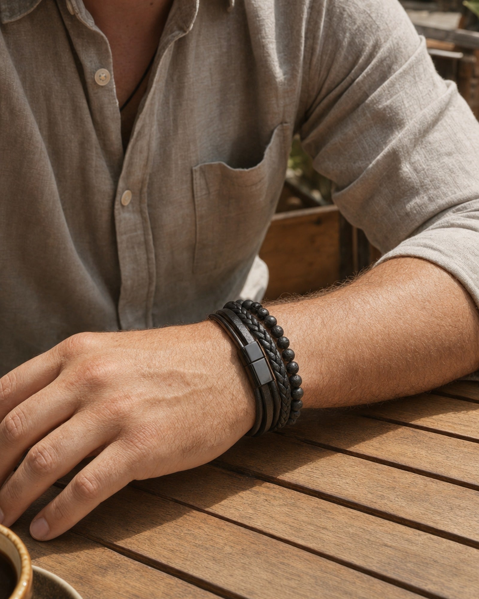 Lava and Onyx Leather Bracelet worn
