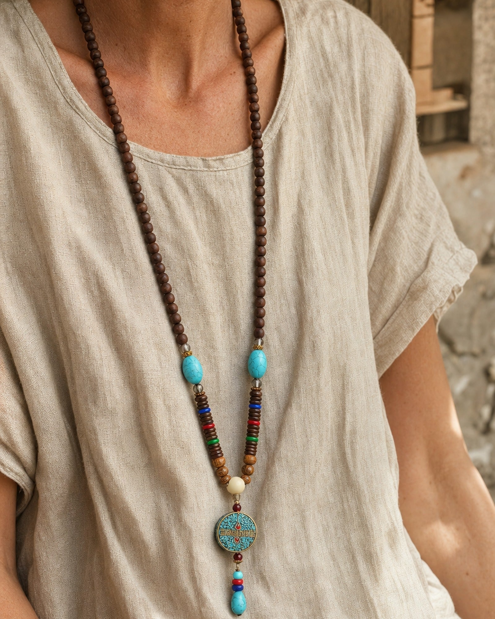 Turquoise Wenge Wood Mala Necklace worn