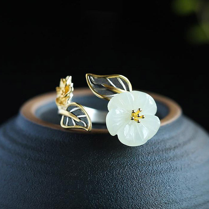 925 Silver Plated Copper White Jade Plum Flower Leaf Luck Ring