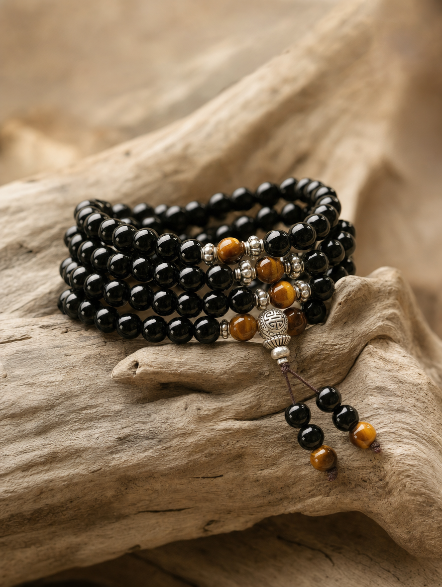 Obsidian Tiger's Eye Mala setting