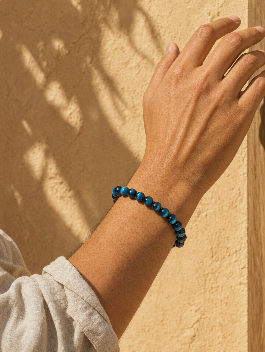 Blue Tigers Eye Bracelet worn