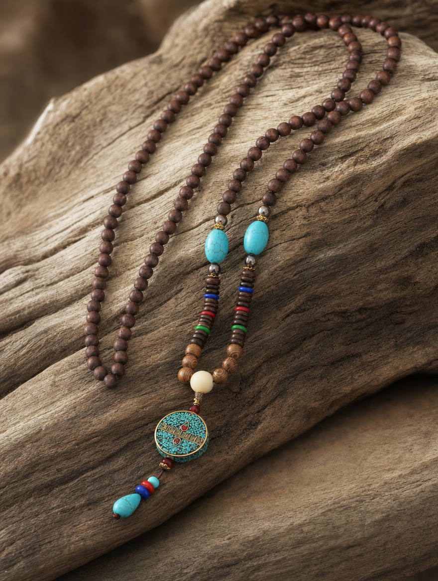 Turquoise Wenge Wood Mala Necklace setting