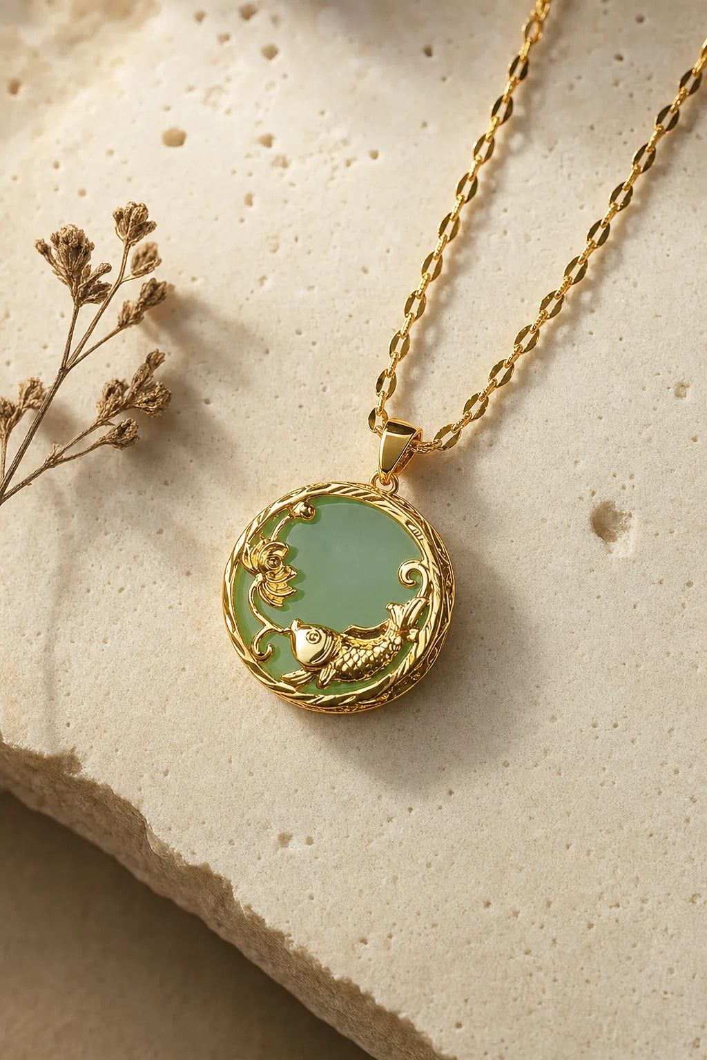 Jade Koi Fish Lotus Pendant Necklace - Lucky Gold Charm, ZAIA jewelry, hero view. HERO — Editorial still life. Warm natural light, low-contrast editorial photography.
