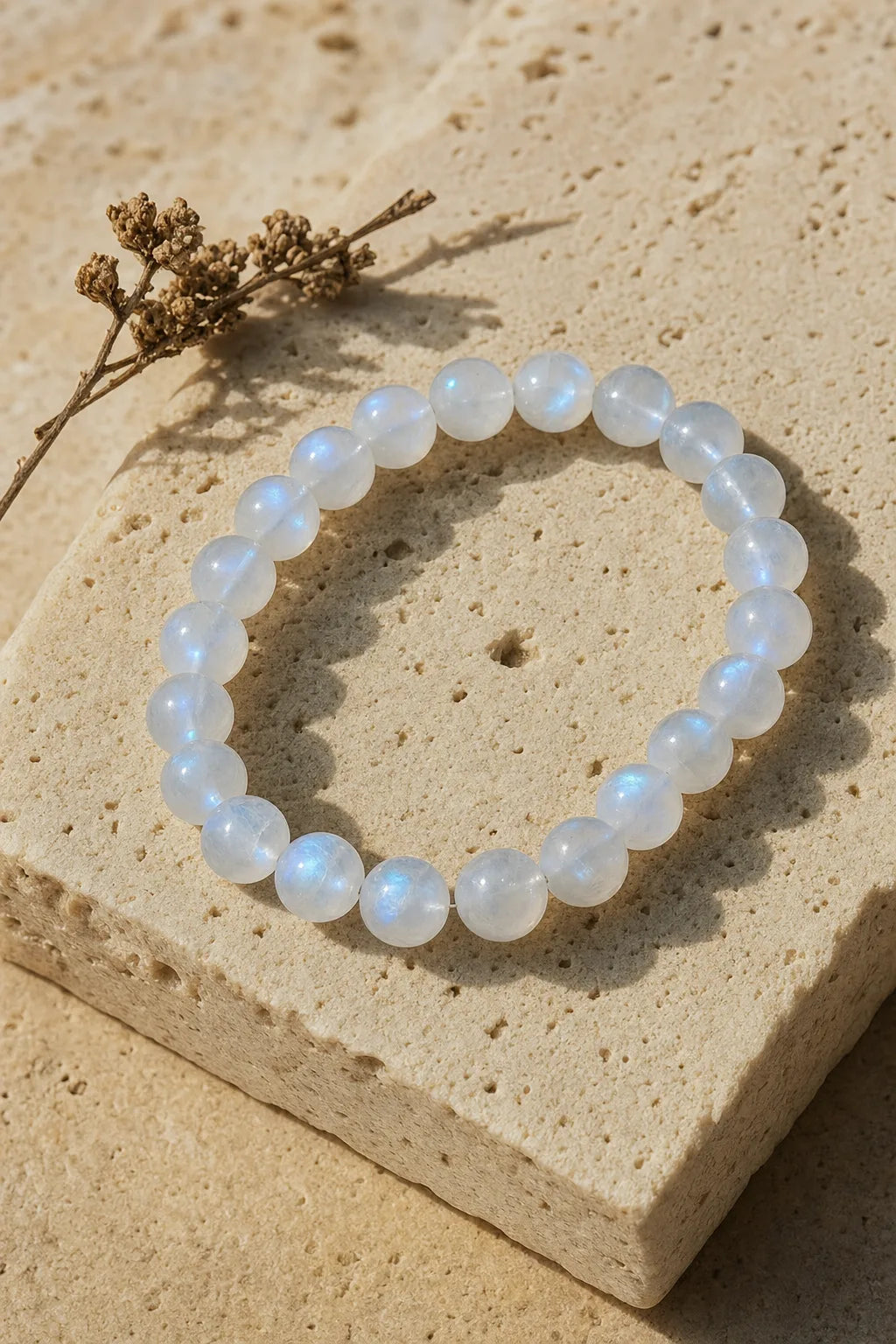 Moonstone Bead Bracelet, ZAIA jewelry, hero view. HERO — Editorial still life. Warm natural light, low-contrast editorial photography.