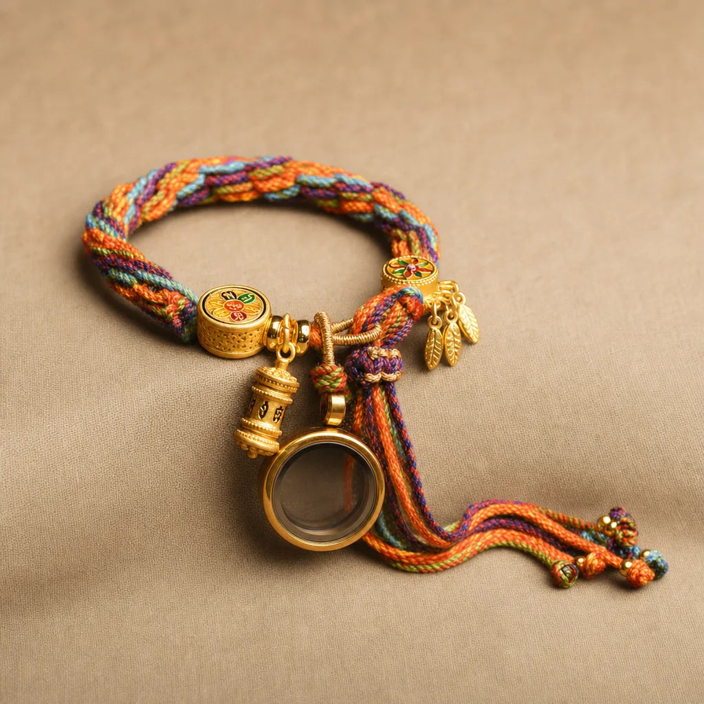 Om Mani Padme Hum Bracelet, ZAIA jewelry, pack view. PACK — Studio product. Warm natural light, low-contrast editorial photography.