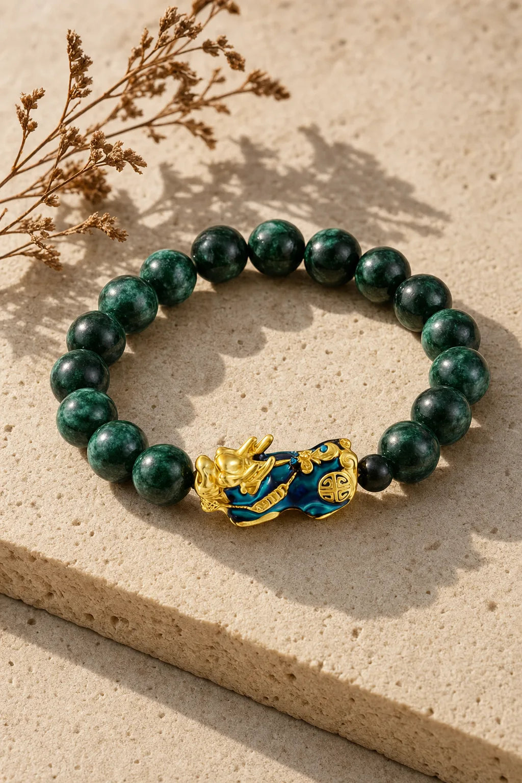 PiXiu Cyan Jade Bracelet - FengShui Wealth Protection, ZAIA jewelry, hero view. HERO — Editorial still life. Warm natural light, low-contrast editorial photography.