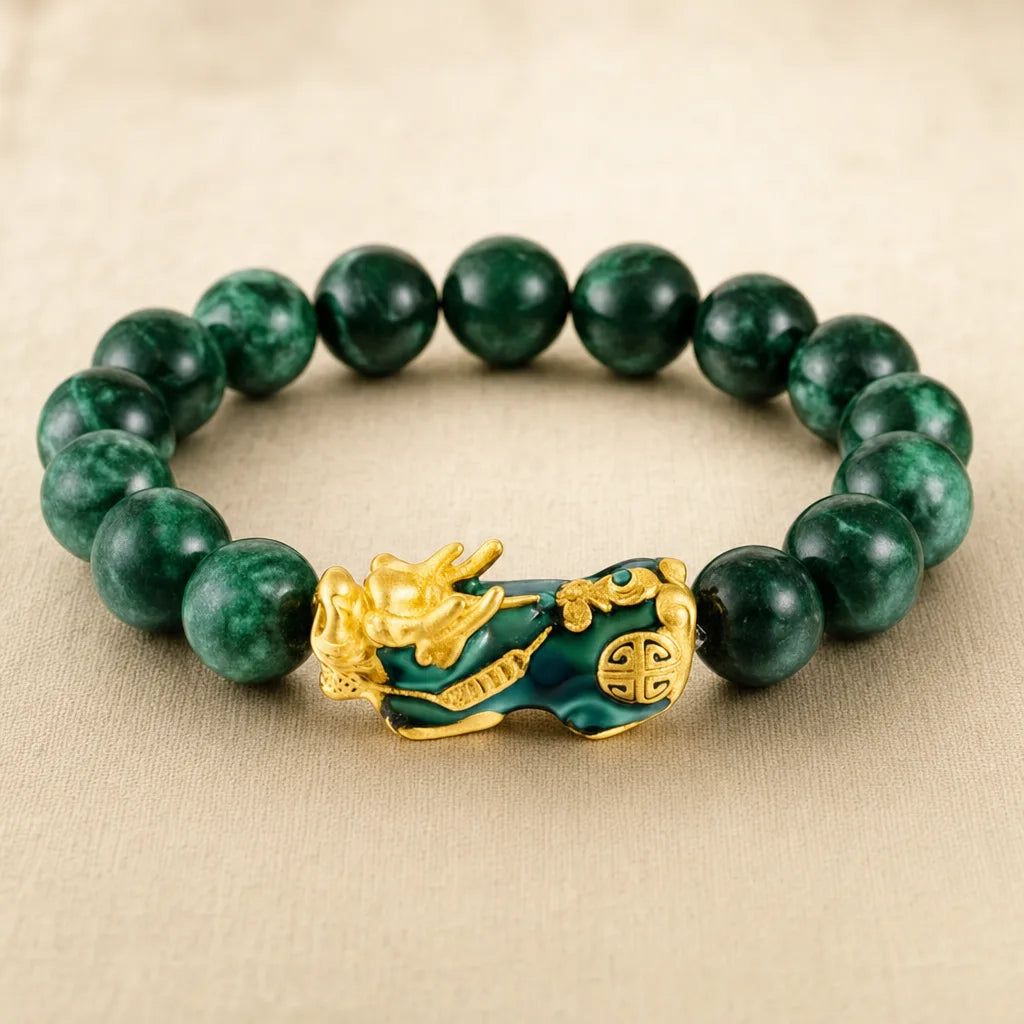 PiXiu Cyan Jade Bracelet - FengShui Wealth Protection, ZAIA jewelry, pack view. PACK — Studio product. Warm natural light, low-contrast editorial photography.
