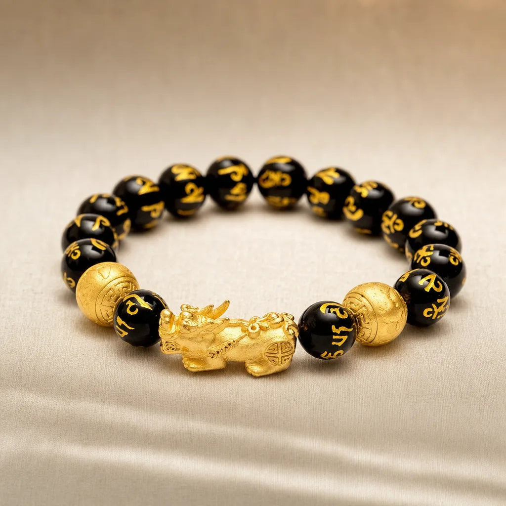 PiXiu Obsidian Bracelet - FengShui Wealth Mantra Beads, ZAIA jewelry, pack view. PACK — Studio product. Warm natural light, low-contrast editorial photography.