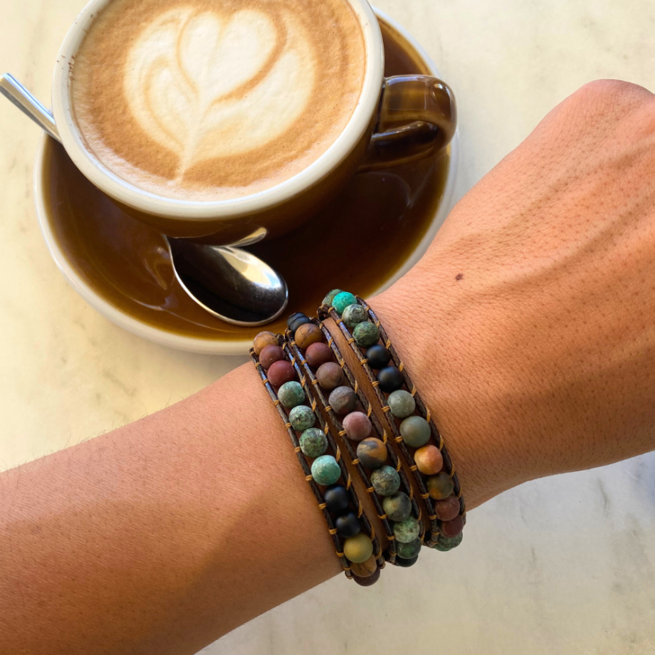 Stress Relief Jasper - Leather Wrap Bracelet