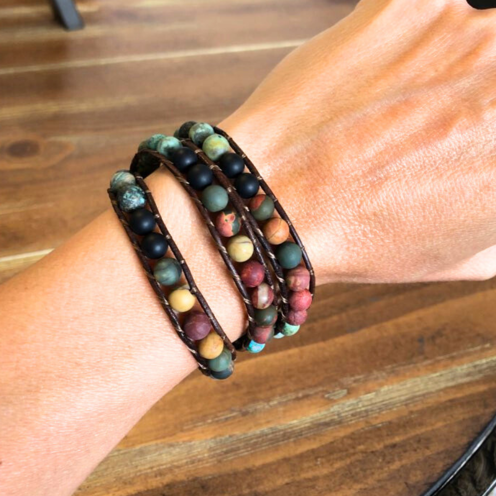 Stress Relief Jasper - Leather Wrap Bracelet