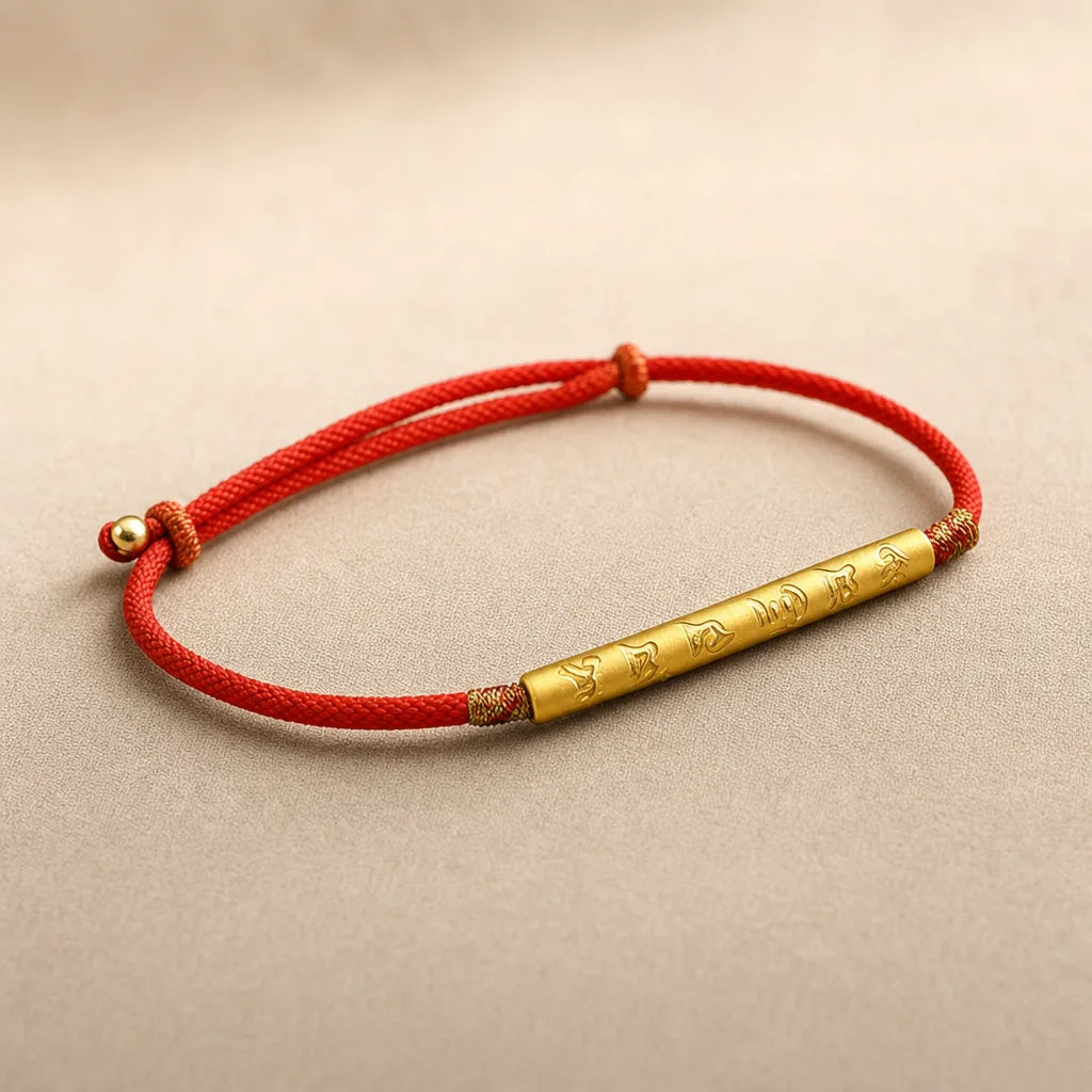 Tibetan Mani Mantra Red String Bracelet - Silver Charm, ZAIA jewelry, pack view. PACK — Studio product. Warm natural light, low-contrast editorial photography.