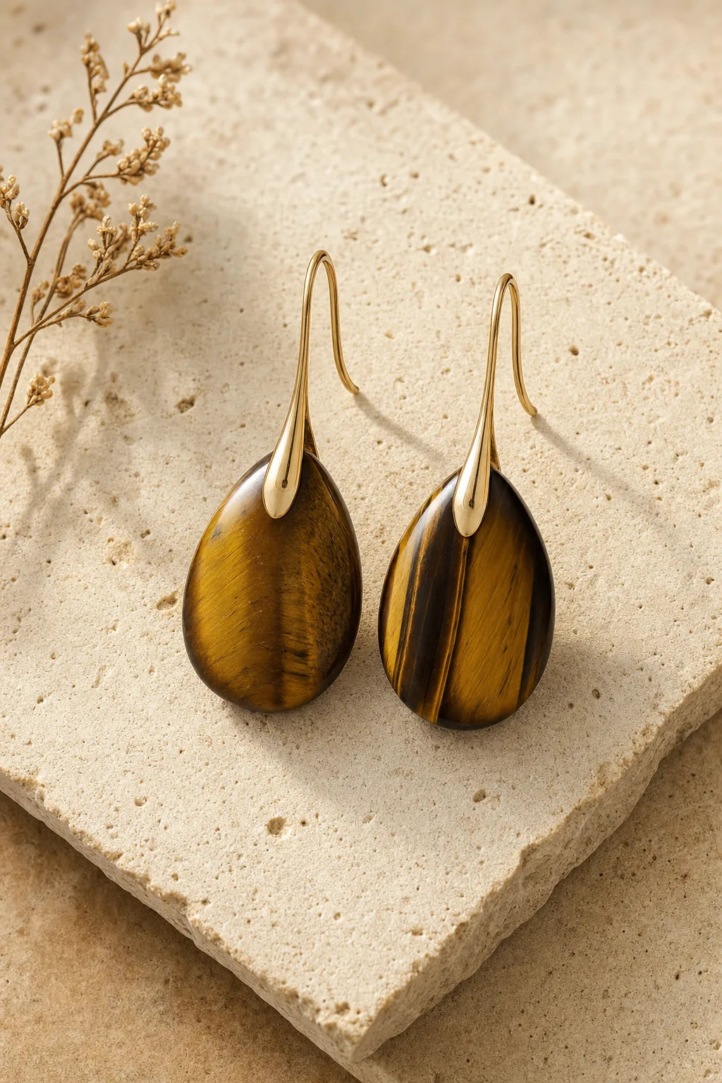 Tiger's Eye Drop Earrings - Gold & Silver Plated, ZAIA jewelry, hero view. HERO — Editorial still life. Warm natural light, low-contrast editorial photography.