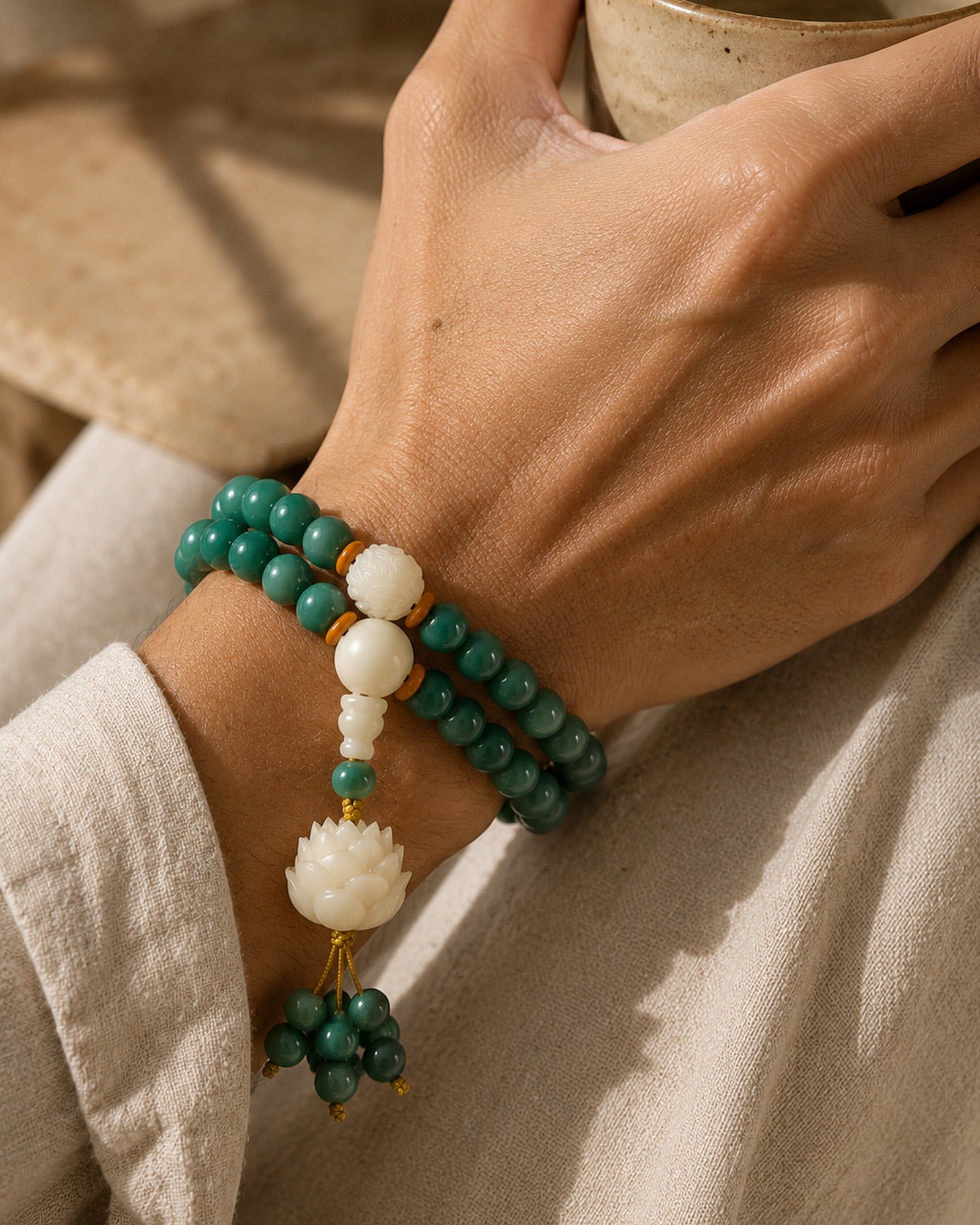 Lotus Bodhi Seed Mala Bracelet worn