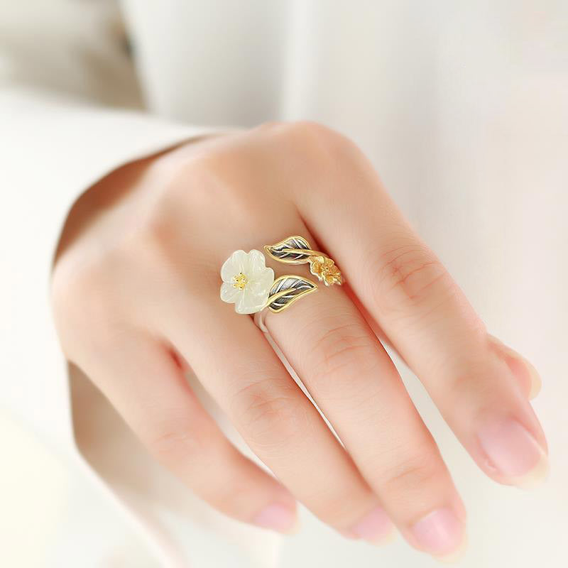 925 Silver Plated Copper White Jade Plum Flower Leaf Luck Ring