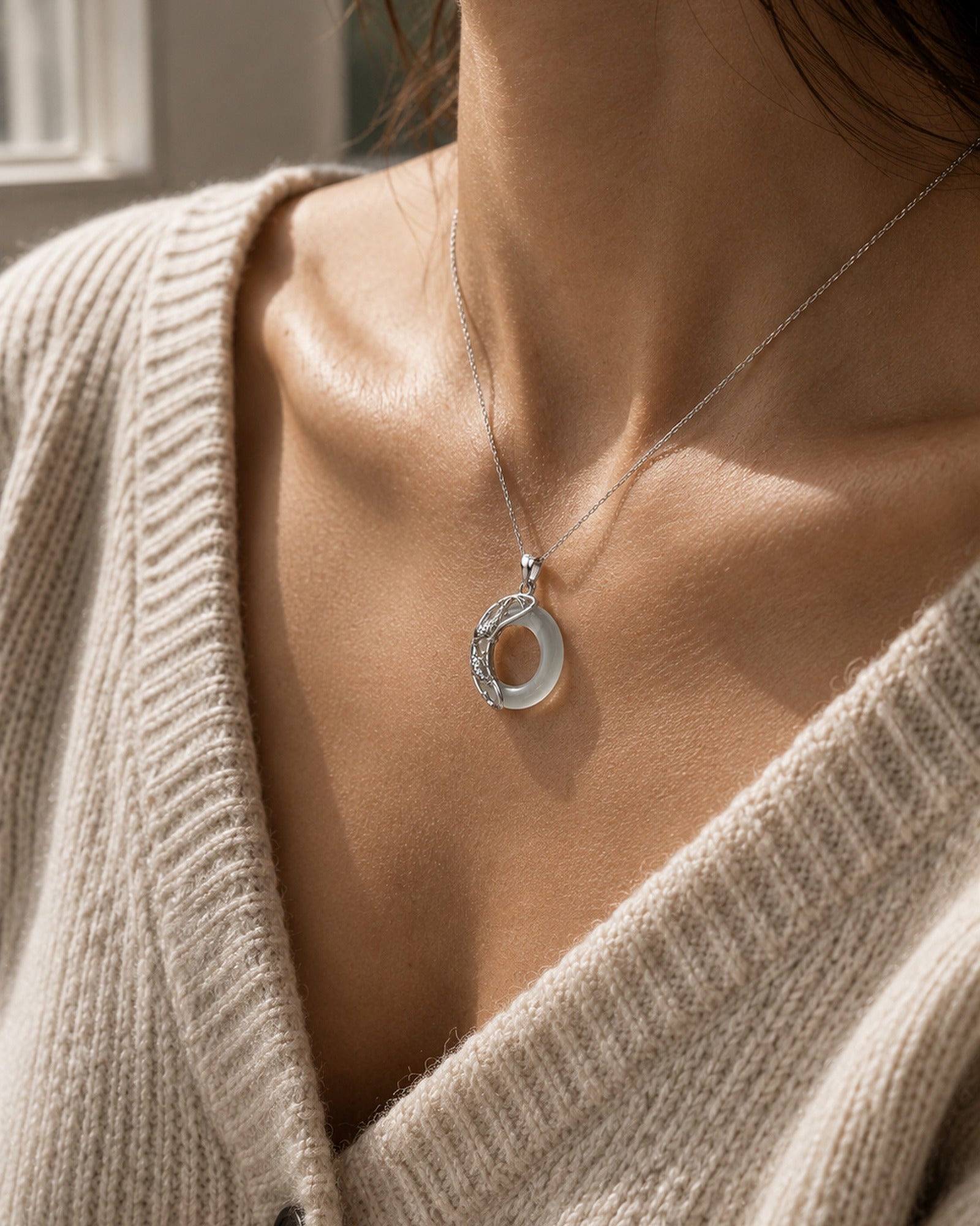 White Jade Koi Necklace worn