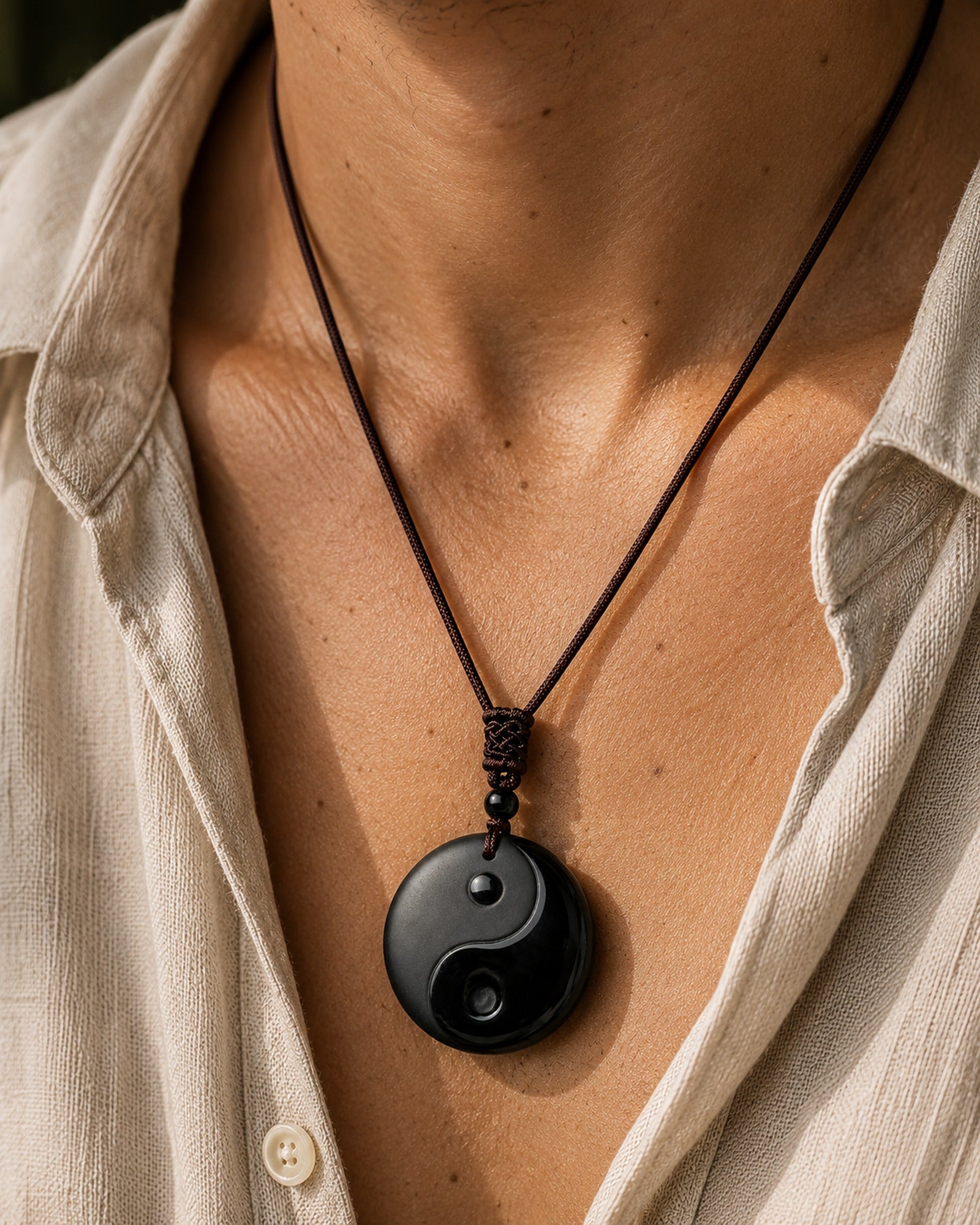 Obsidian Yin Yang Pendant worn
