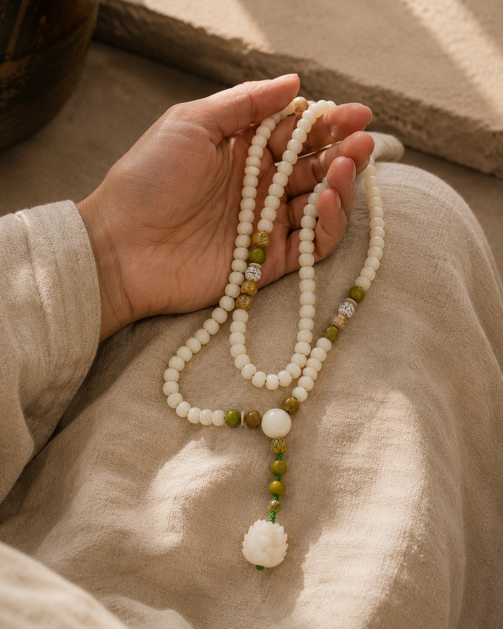 White Jade Bodhi Lotus Mala worn