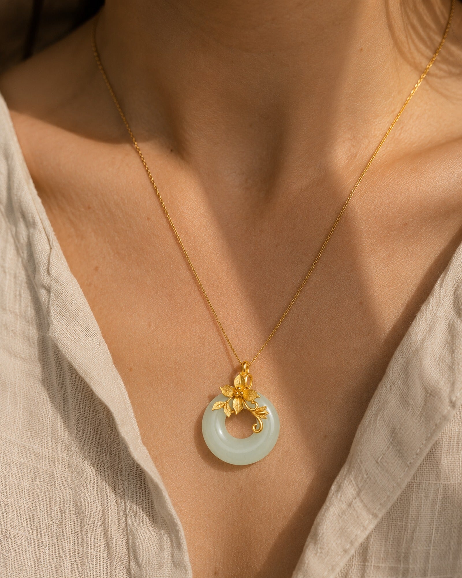 White Jade Flower Necklace worn