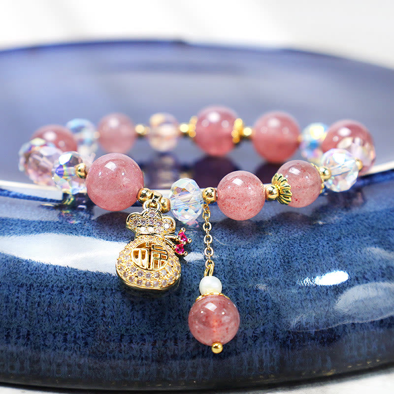 Natural Strawberry Quartz Crystal Money Bag Charm Positive Bracelet