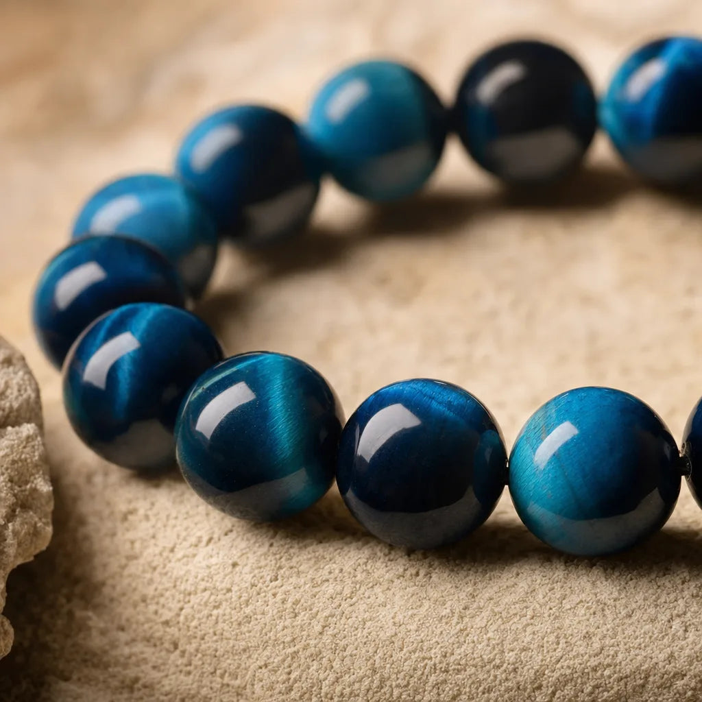 Blue Tiger's Eye Bracelet, ZAIA jewelry, macro view. Product-detail macro. Warm natural light, low-contrast editorial photography.