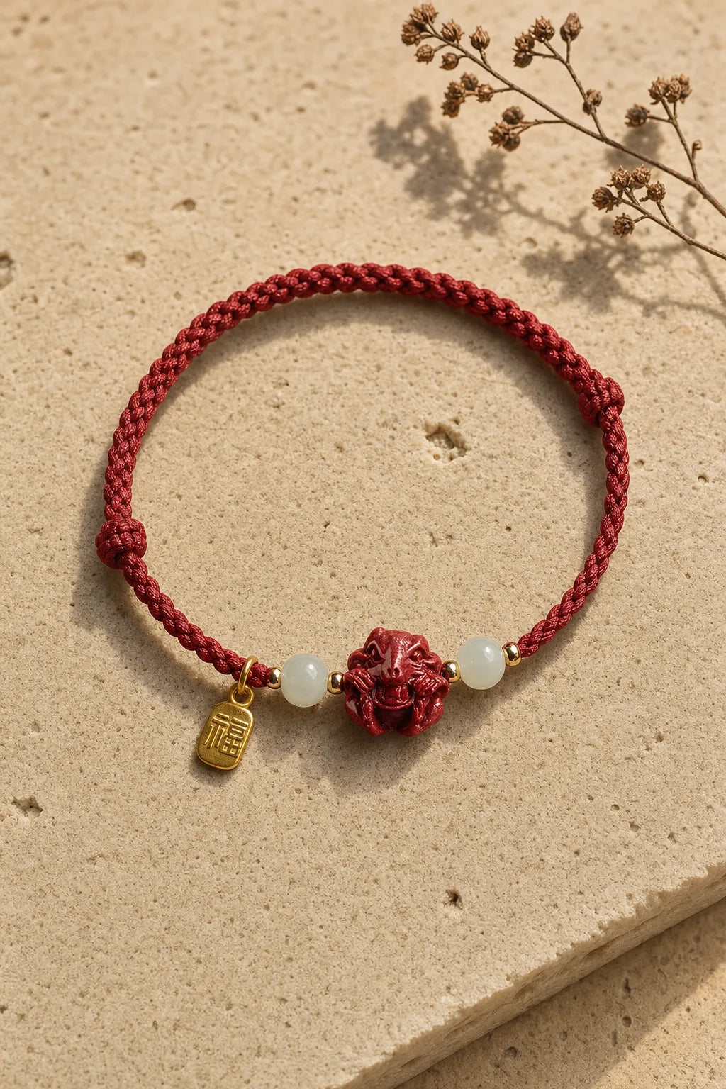 Cinnabar Chinese Zodiac Bracelet - Hetian Jade Fu Luck, ZAIA jewelry, hero view. HERO — Editorial still life. Warm natural light, low-contrast editorial photography.