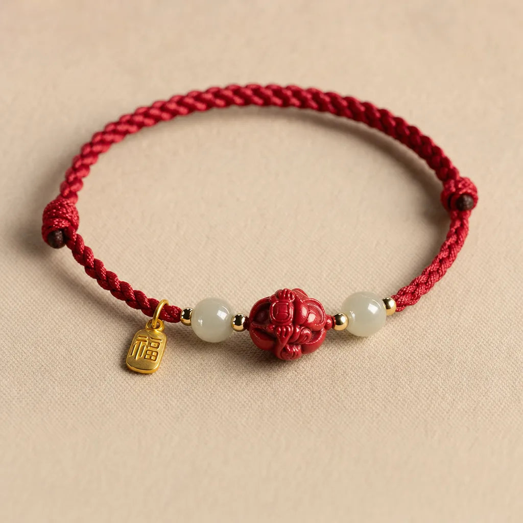 Cinnabar Chinese Zodiac Bracelet - Hetian Jade Fu Luck, ZAIA jewelry, pack view. PACK — Studio product. Warm natural light, low-contrast editorial photography.