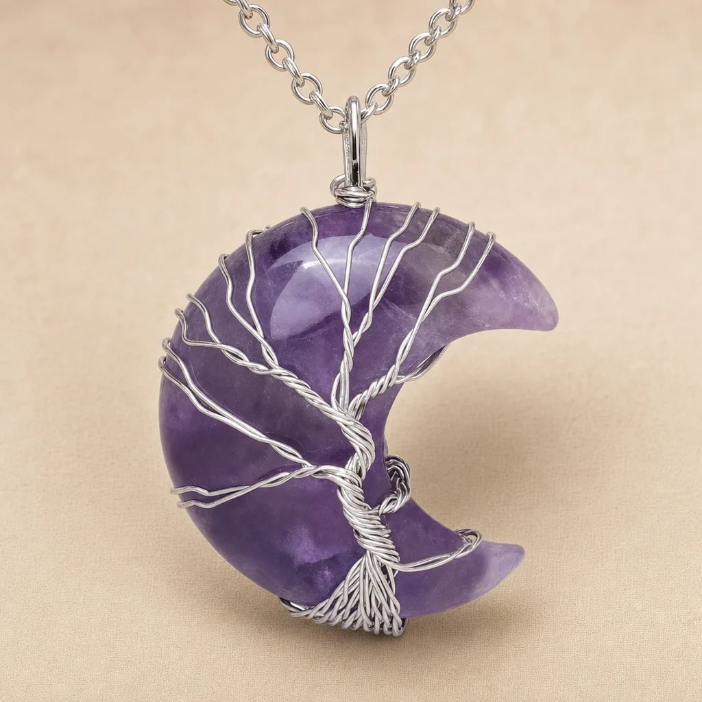 Crystal Moon Tree of Life Necklace - Healing Pendant, ZAIA jewelry, pack view. Clean studio product image. Warm natural light, low-contrast editorial photography.