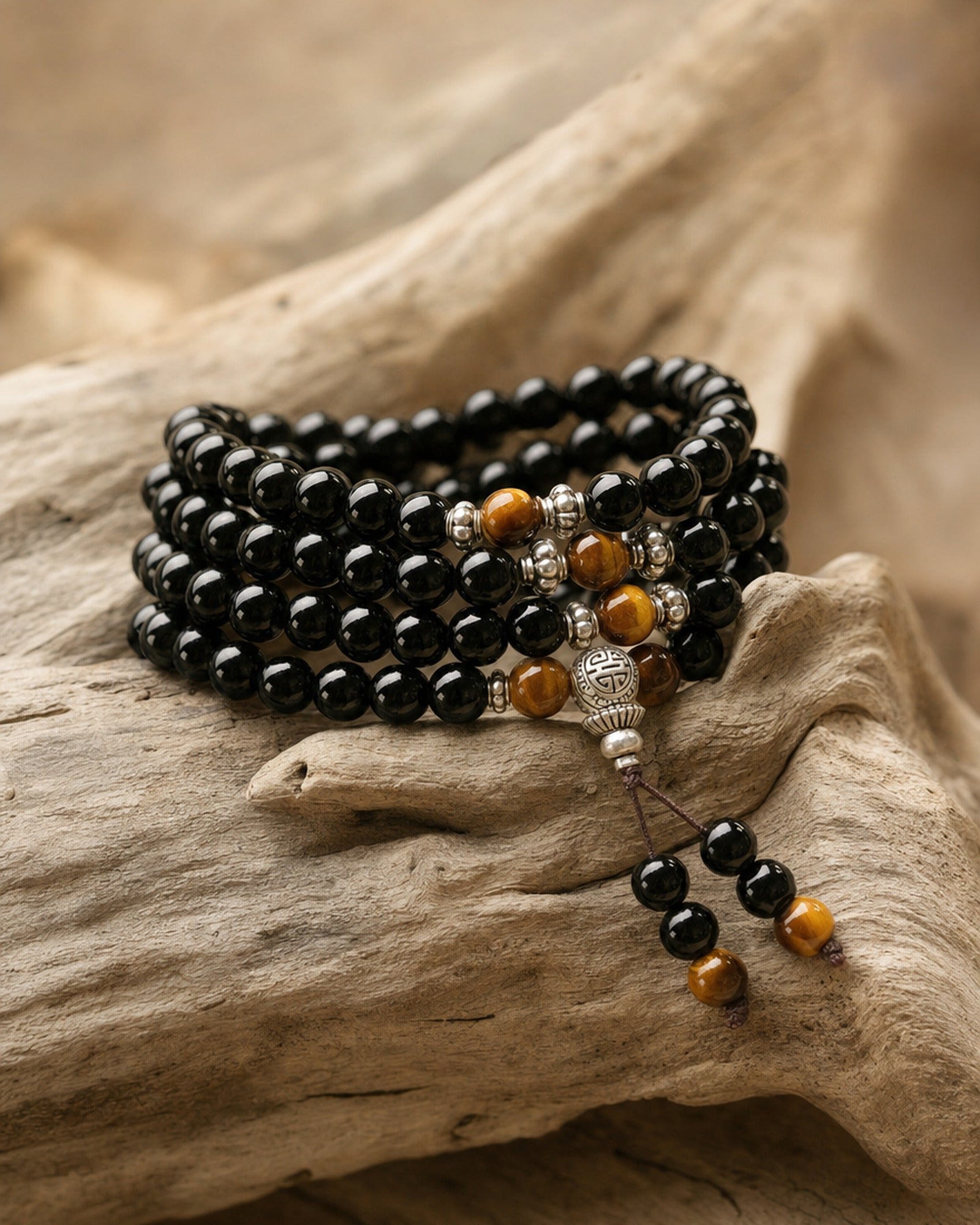 Obsidian Tiger's Eye Mala setting