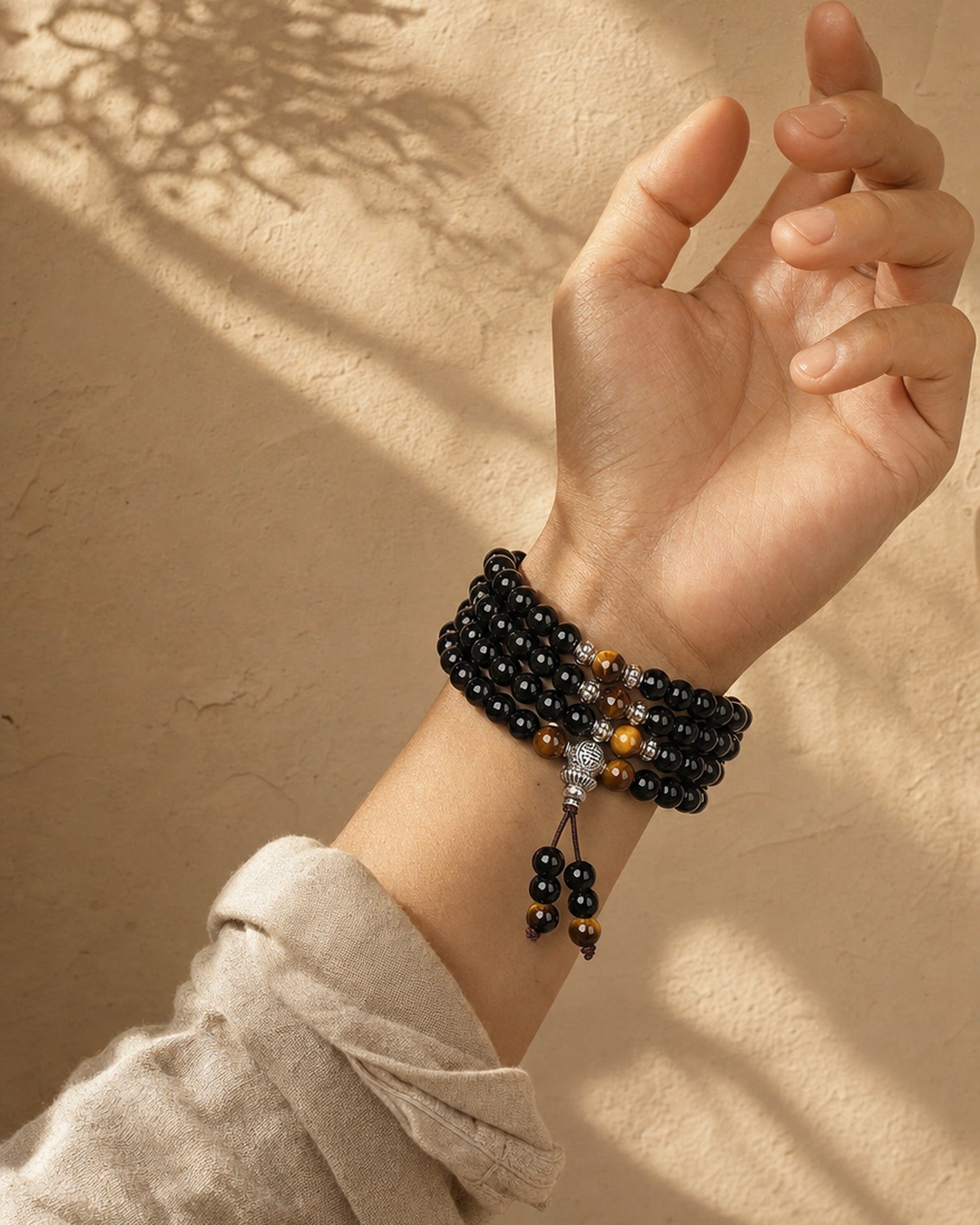 Obsidian Tiger's Eye Mala worn