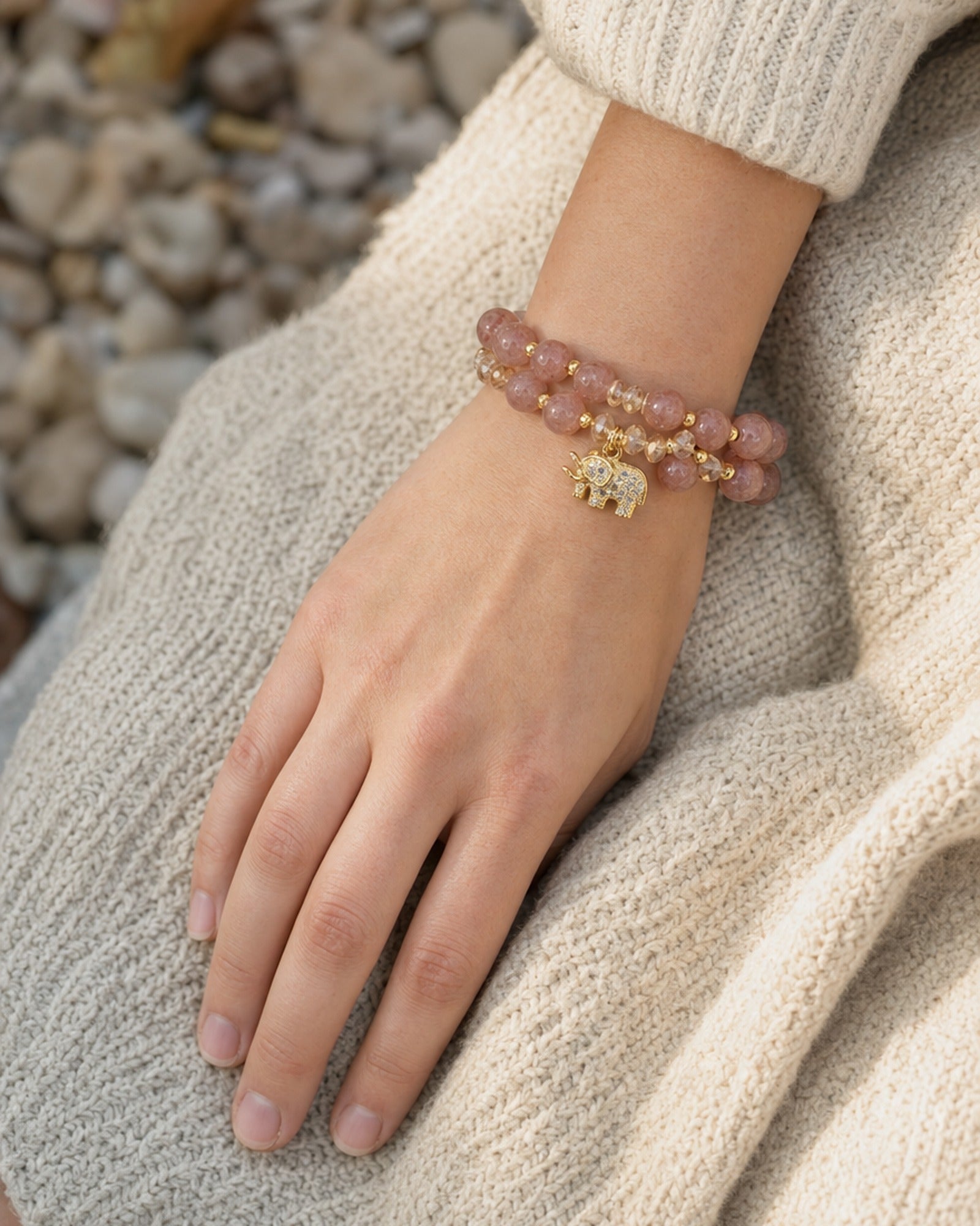 Rose Quartz Elephant Bracelet worn