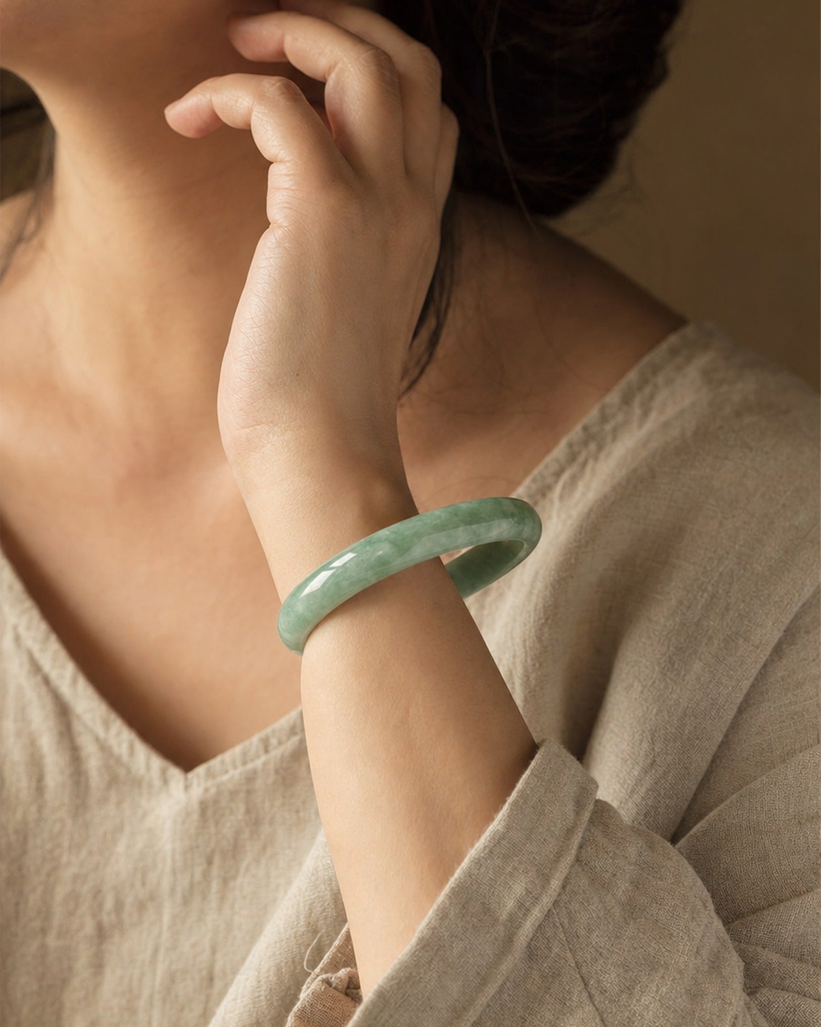 Green Jade Bangle worn