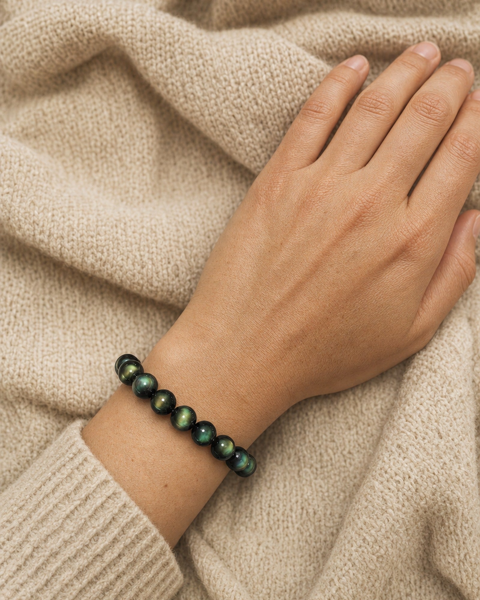 Green Eye Obsidian Bracelet worn