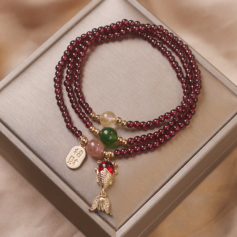 Natural Garnet Strawberry Quartz Crystal Fox Koi Fish Peace Buckle Fortune Protection Triple Wrap Bracelet
