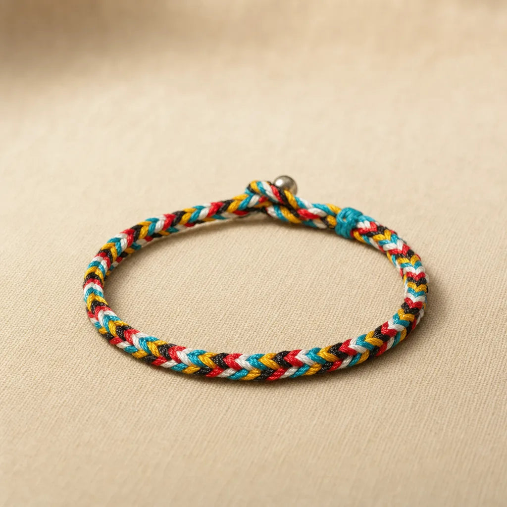 Five Colour Thread Bracelet, ZAIA jewelry, pack view. PACK — Studio product. Warm natural light, low-contrast editorial photography.