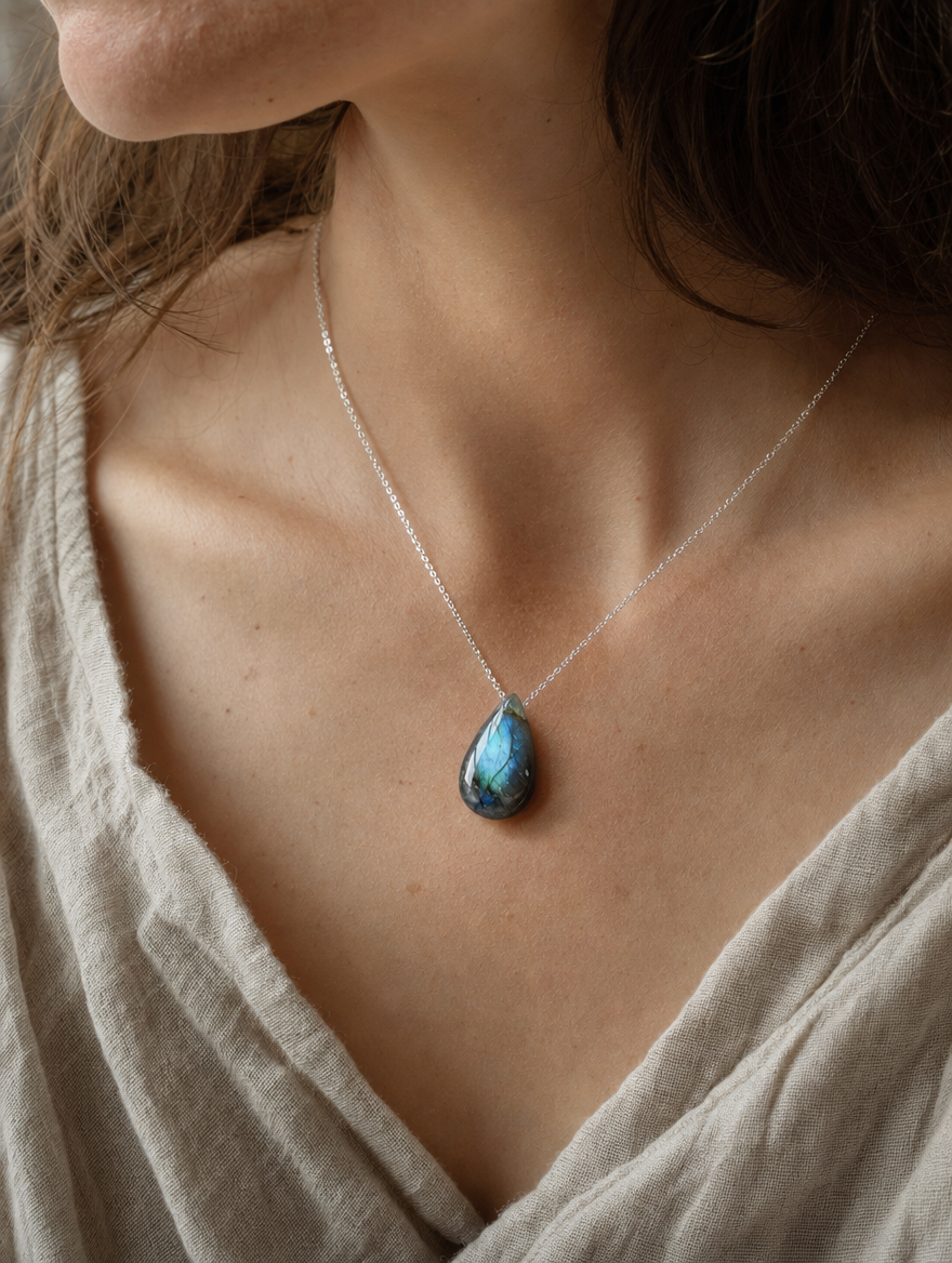 Labradorite Teardrop Necklace worn