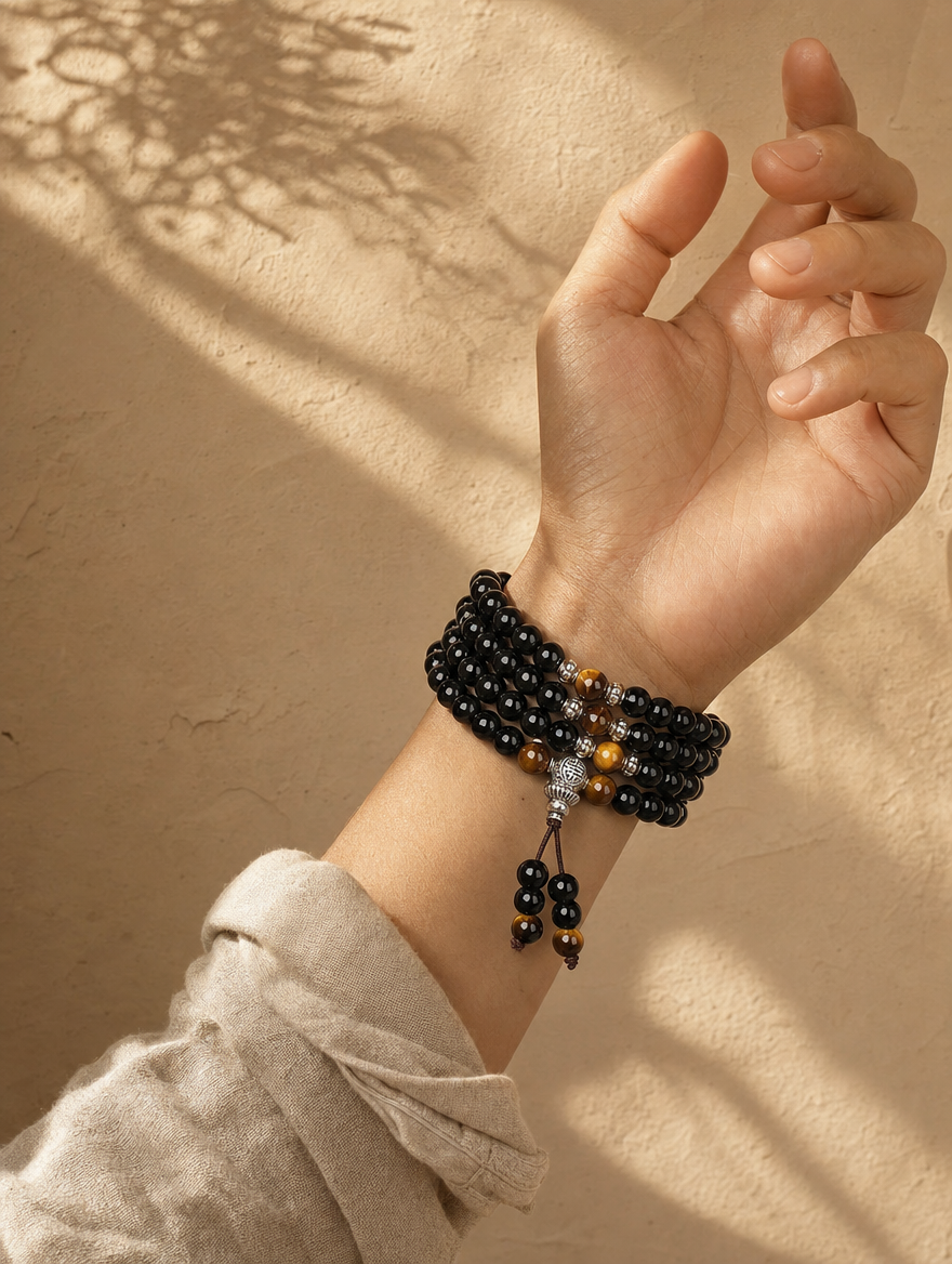 Obsidian Tiger's Eye Mala worn