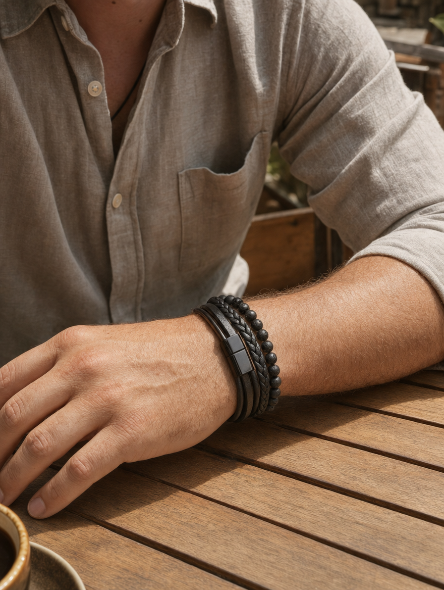 Lava and Onyx Leather Bracelet worn
