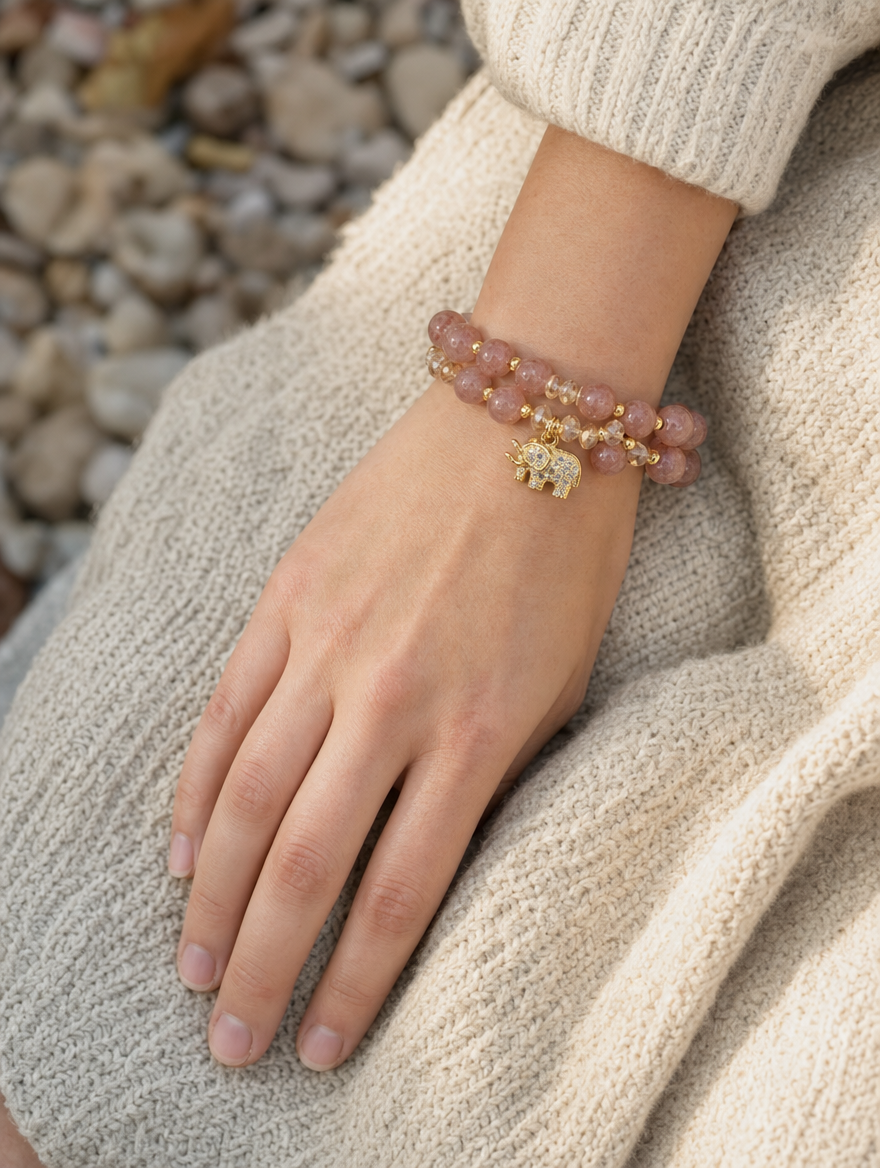 Rose Quartz Elephant Bracelet worn