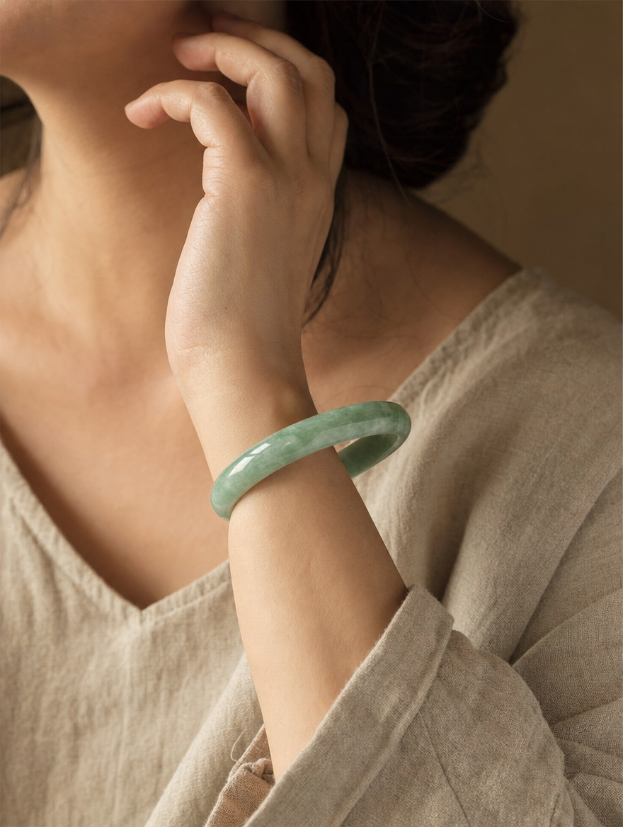 Green Jade Bangle worn