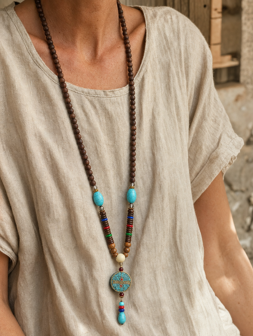 Turquoise Wenge Wood Mala Necklace worn