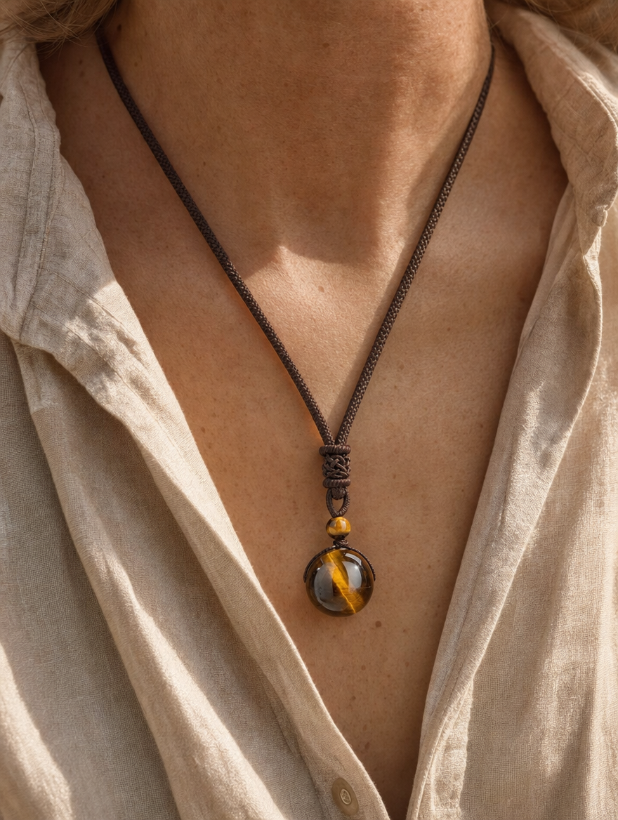 Tigers Eye Pendant Necklace worn