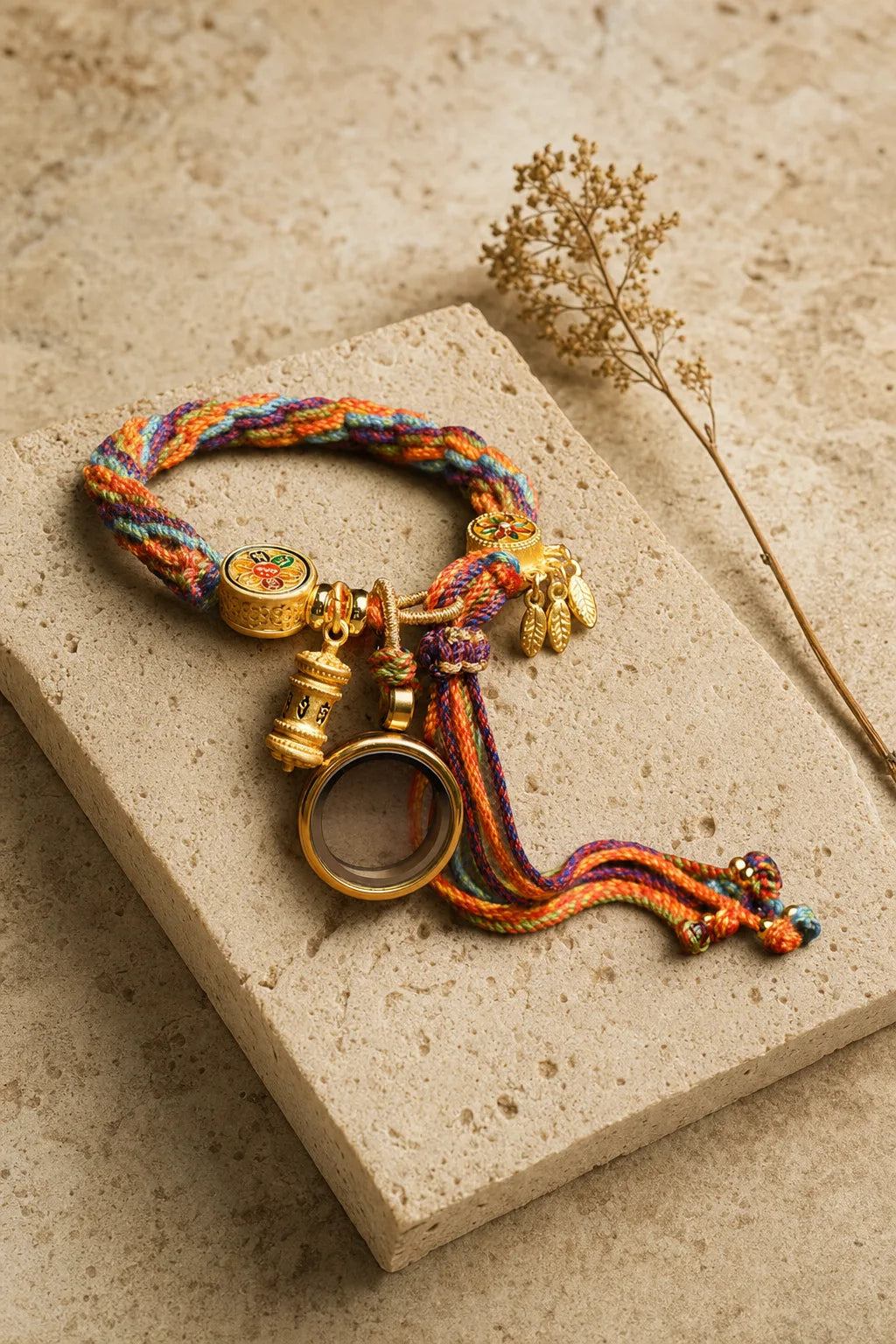 Om Mani Padme Hum Bracelet, ZAIA jewelry, hero view. HERO — Editorial still life. Warm natural light, low-contrast editorial photography.