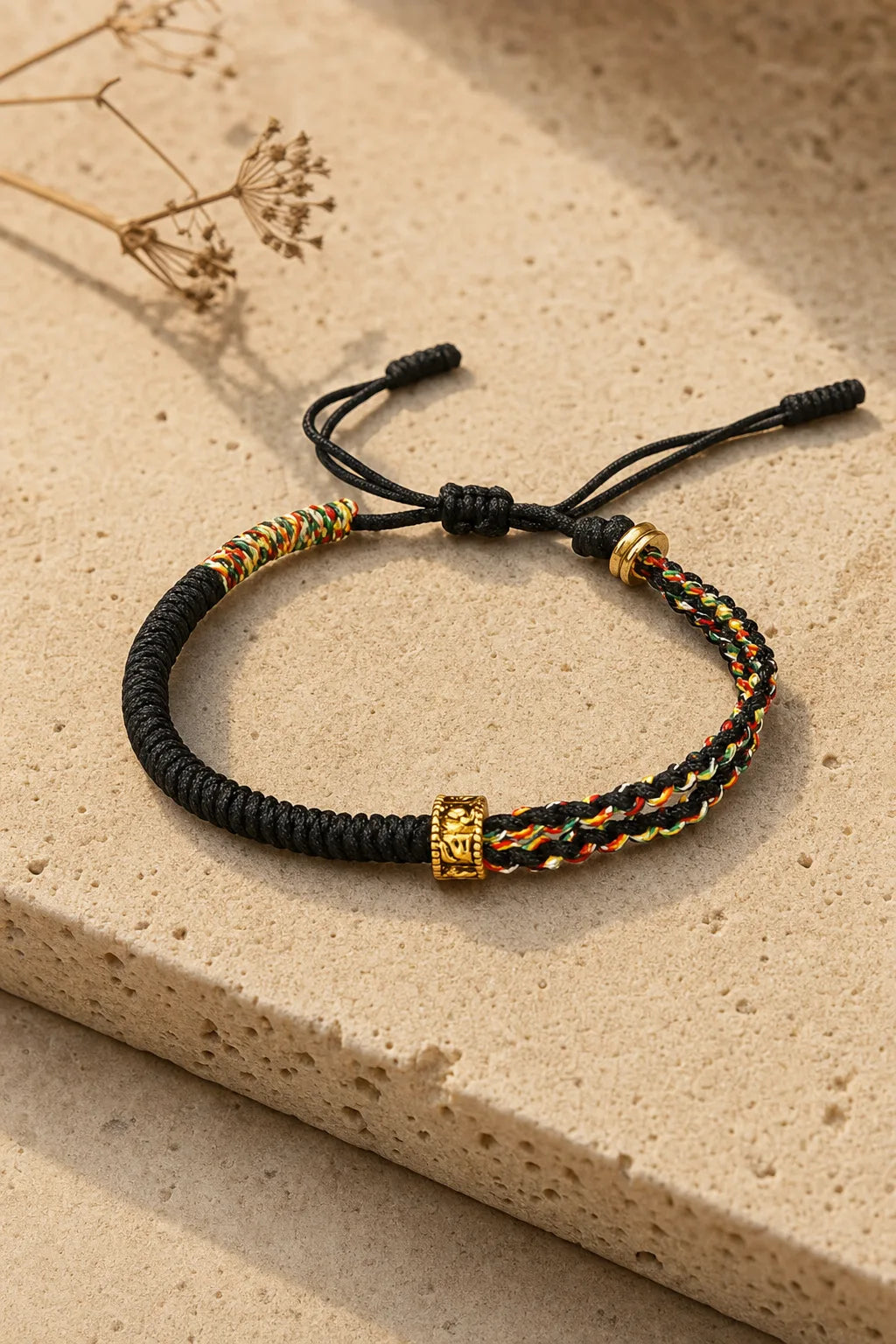 Om Mani Padme Hum Cord Bracelet, ZAIA jewelry, hero view. HERO — Editorial still life. Warm natural light, low-contrast editorial photography.