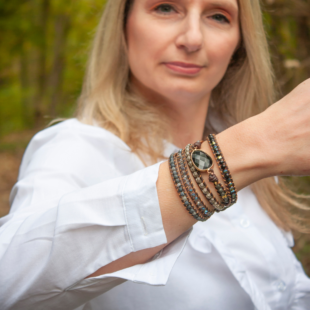 Black Beauty Onyx Bracelet - Protective Leather Wrap