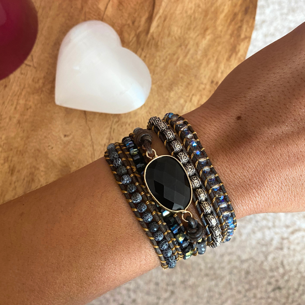 Black Beauty Onyx Bracelet - Protective Leather Wrap