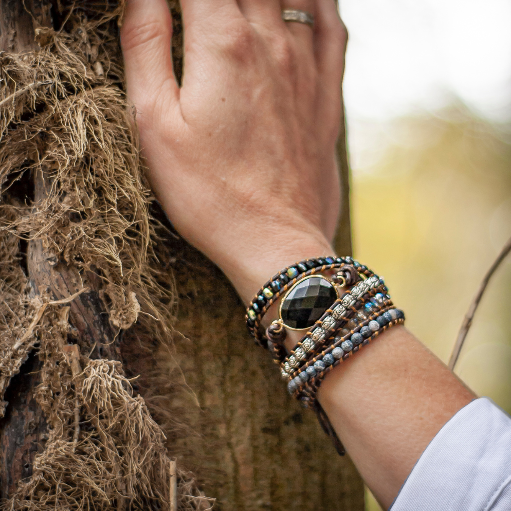 Black Beauty Onyx Bracelet - Protective Leather Wrap